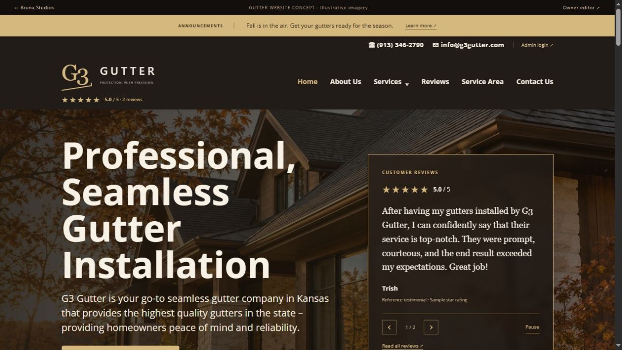 G3 Gutter sample website with gold and dark brown styling and a stone home with bronze gutters