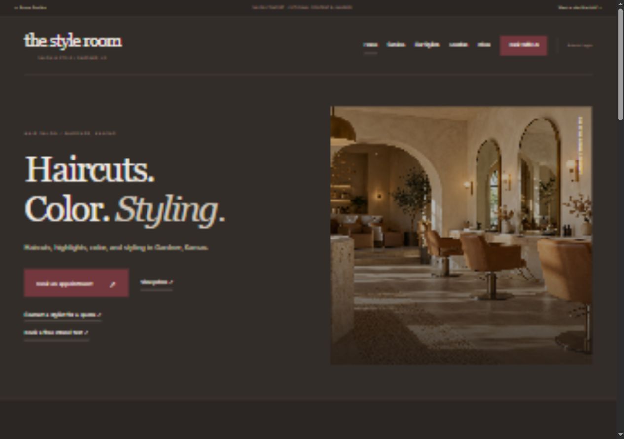 The Style Room sample salon website, with a dark theme and salon photography